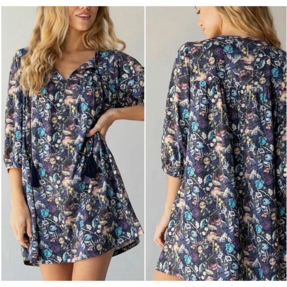 NATURAL LIFE Dresses & Skirts - Natural Life Lia Tunic Dress Tassel Neck Blue Cotton Floral Boho Peasant Size L